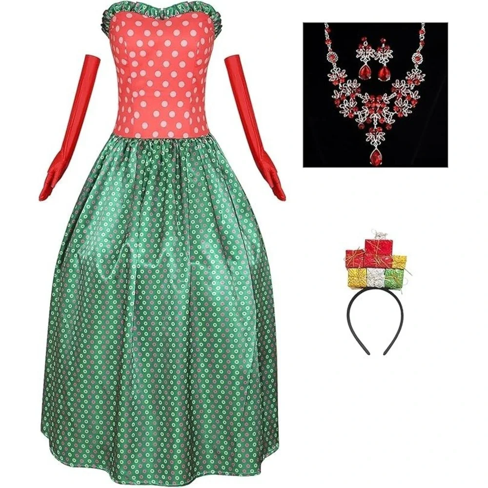 Christmas Dress 5 Pc Christmas Costume Yule Dress Gloves Accessories Set 2XL NEW